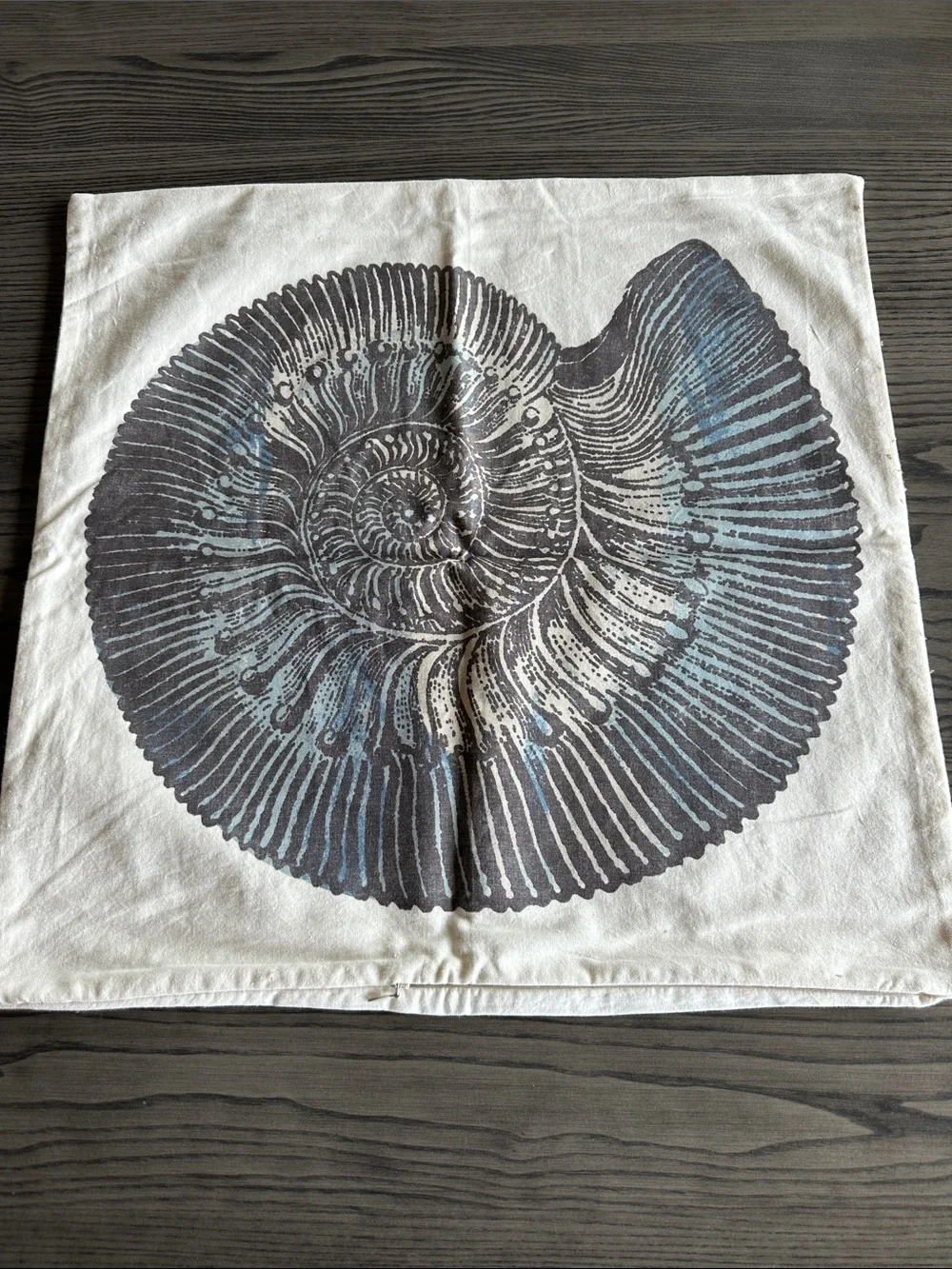 Pottery Barn Pillow Cover with Nautilus Shell Print - White, Gray, Blue 20” sq.